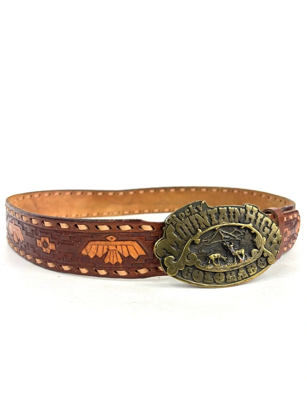 VTG Signed 1975 Rocky Mountain High Colorado Brass Buckle Tooled Leather Belt
